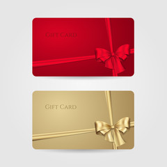 Red and golden gift cards with bow and ribbons. Vector template for design invitation and credit or discount card. Isolated from a background.