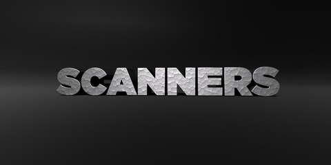 SCANNERS - hammered metal finish text on black studio - 3D rendered royalty free stock photo. This image can be used for an online website banner ad or a print postcard.