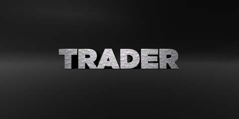 TRADER - hammered metal finish text on black studio - 3D rendered royalty free stock photo. This image can be used for an online website banner ad or a print postcard.