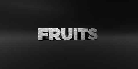 FRUITS - hammered metal finish text on black studio - 3D rendered royalty free stock photo. This image can be used for an online website banner ad or a print postcard.