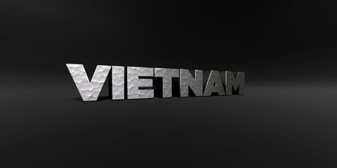 VIETNAM - hammered metal finish text on black studio - 3D rendered royalty free stock photo. This image can be used for an online website banner ad or a print postcard.