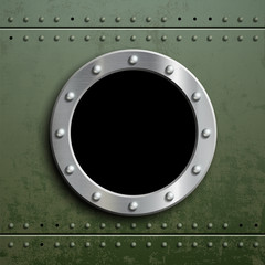 Round window porthole on green metal background. Military armor