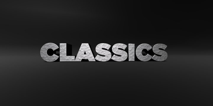 CLASSICS - hammered metal finish text on black studio - 3D rendered royalty free stock photo. This image can be used for an online website banner ad or a print postcard.