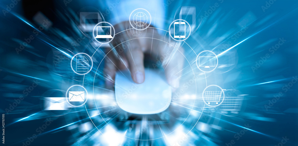 Poster Man using mouse payments online shopping and icon customer network