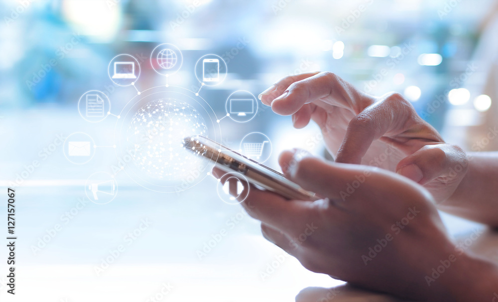 Poster man using mobile payments, holding circle global and icon customer