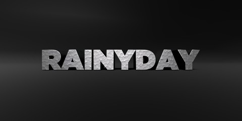 RAINYDAY - hammered metal finish text on black studio - 3D rendered royalty free stock photo. This image can be used for an online website banner ad or a print postcard.