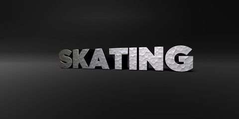 SKATING - hammered metal finish text on black studio - 3D rendered royalty free stock photo. This image can be used for an online website banner ad or a print postcard.
