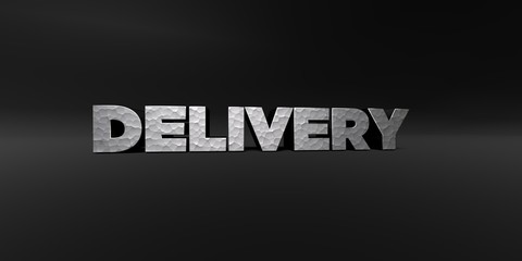 DELIVERY - hammered metal finish text on black studio - 3D rendered royalty free stock photo. This image can be used for an online website banner ad or a print postcard.