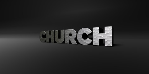 CHURCH - hammered metal finish text on black studio - 3D rendered royalty free stock photo. This image can be used for an online website banner ad or a print postcard.