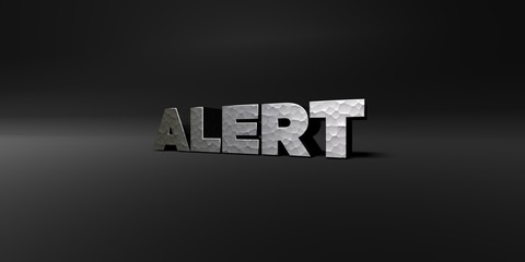 ALERT - hammered metal finish text on black studio - 3D rendered royalty free stock photo. This image can be used for an online website banner ad or a print postcard.