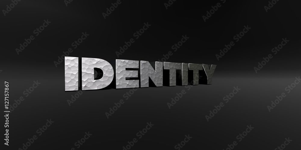 Fototapete identity - hammered metal finish text on black studio - 3d rendered royalty free stock photo. this i