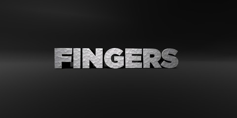 FINGERS - hammered metal finish text on black studio - 3D rendered royalty free stock photo. This image can be used for an online website banner ad or a print postcard.