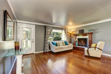 Living room interior with polished hardwood floor