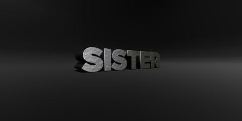 SISTER - hammered metal finish text on black studio - 3D rendered royalty free stock photo. This image can be used for an online website banner ad or a print postcard.