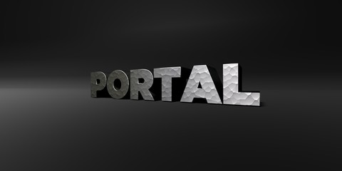 PORTAL - hammered metal finish text on black studio - 3D rendered royalty free stock photo. This image can be used for an online website banner ad or a print postcard.