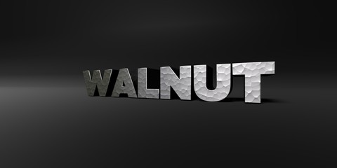 WALNUT - hammered metal finish text on black studio - 3D rendered royalty free stock photo. This image can be used for an online website banner ad or a print postcard.