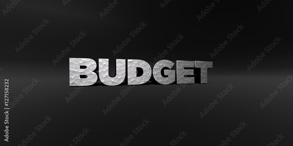 Fototapete budget - hammered metal finish text on black studio - 3d rendered royalty free stock photo. this ima