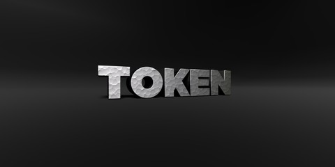 TOKEN - hammered metal finish text on black studio - 3D rendered royalty free stock photo. This image can be used for an online website banner ad or a print postcard.