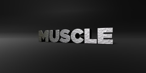 MUSCLE - hammered metal finish text on black studio - 3D rendered royalty free stock photo. This image can be used for an online website banner ad or a print postcard.