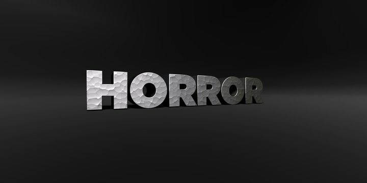 HORROR - hammered metal finish text on black studio - 3D rendered royalty free stock photo. This image can be used for an online website banner ad or a print postcard.