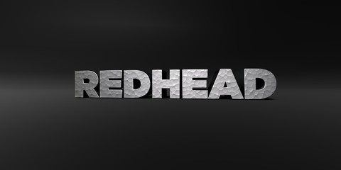 REDHEAD - hammered metal finish text on black studio - 3D rendered royalty free stock photo. This image can be used for an online website banner ad or a print postcard.