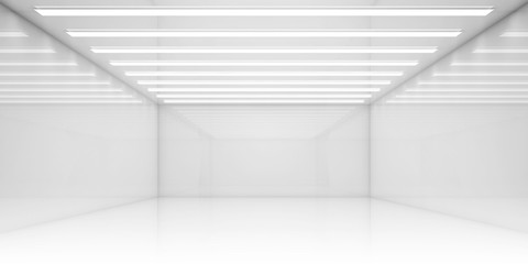 Fototapety  Empty 3d white room with stripes of ceiling lights