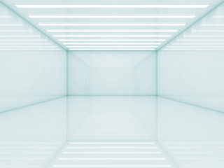 Obraz premium Empty room with stripes of ceiling lights, 3 d