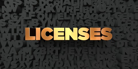 Licenses - Gold text on black background - 3D rendered royalty free stock picture. This image can be used for an online website banner ad or a print postcard.