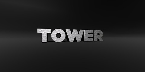 TOWER - hammered metal finish text on black studio - 3D rendered royalty free stock photo. This image can be used for an online website banner ad or a print postcard.