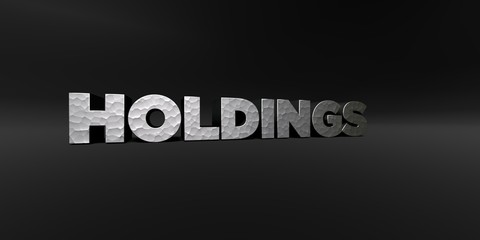 HOLDINGS - hammered metal finish text on black studio - 3D rendered royalty free stock photo. This image can be used for an online website banner ad or a print postcard.