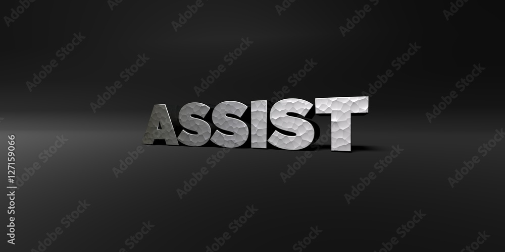Fototapete assist - hammered metal finish text on black studio - 3d rendered royalty free stock photo. this ima