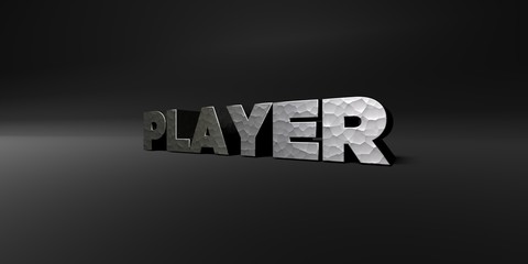 PLAYER - hammered metal finish text on black studio - 3D rendered royalty free stock photo. This image can be used for an online website banner ad or a print postcard.