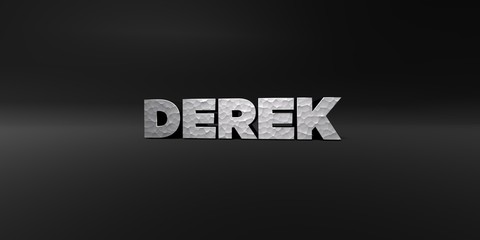 DEREK - hammered metal finish text on black studio - 3D rendered royalty free stock photo. This image can be used for an online website banner ad or a print postcard.