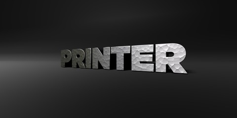 PRINTER - hammered metal finish text on black studio - 3D rendered royalty free stock photo. This image can be used for an online website banner ad or a print postcard.
