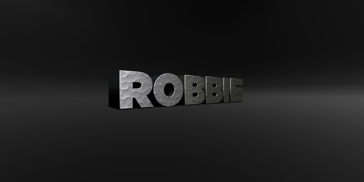 ROBBIE - hammered metal finish text on black studio - 3D rendered royalty free stock photo. This image can be used for an online website banner ad or a print postcard.