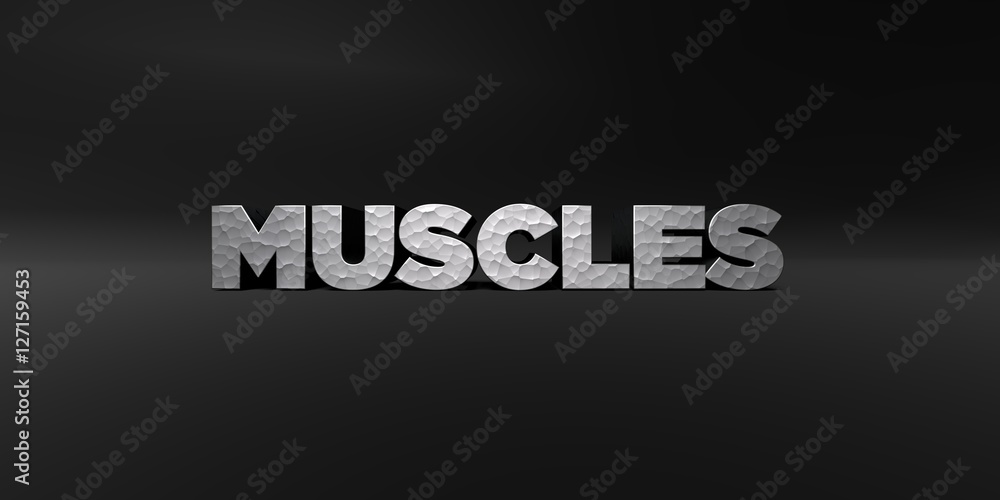 Fototapete muscles - hammered metal finish text on black studio - 3d rendered royalty free stock photo. this im