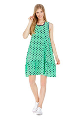 Fashion photo of young magnificent woman wearing fashionable summer clothes