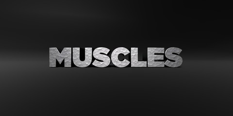 MUSCLES - hammered metal finish text on black studio - 3D rendered royalty free stock photo. This image can be used for an online website banner ad or a print postcard.