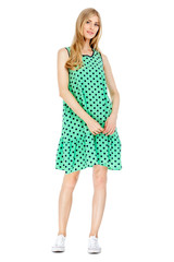 Fashion photo of young magnificent woman wearing fashionable summer clothes