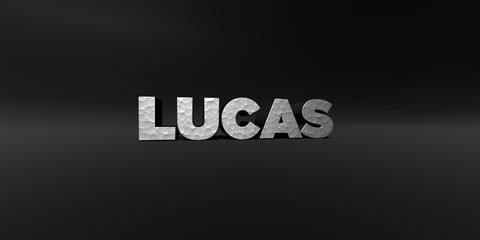 LUCAS - hammered metal finish text on black studio - 3D rendered royalty free stock photo. This image can be used for an online website banner ad or a print postcard.