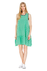 Fashion photo of young magnificent woman wearing fashionable summer clothes