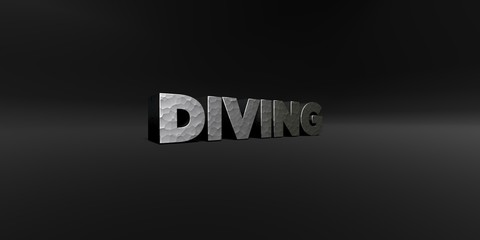 DIVING - hammered metal finish text on black studio - 3D rendered royalty free stock photo. This image can be used for an online website banner ad or a print postcard.