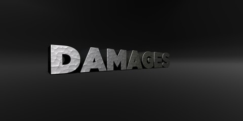 DAMAGES - hammered metal finish text on black studio - 3D rendered royalty free stock photo. This image can be used for an online website banner ad or a print postcard.
