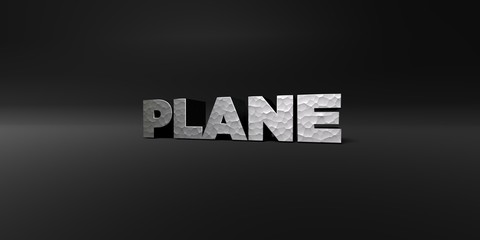 PLANE - hammered metal finish text on black studio - 3D rendered royalty free stock photo. This image can be used for an online website banner ad or a print postcard.