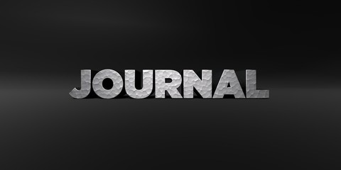 JOURNAL - hammered metal finish text on black studio - 3D rendered royalty free stock photo. This image can be used for an online website banner ad or a print postcard.