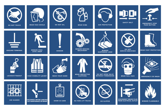 Mandatory signs , Construction health and safety sign used in industrial applications.(safety helmet, gloves, ear protection, eye protection, foot protection)