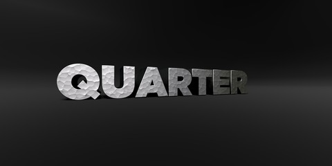 QUARTER - hammered metal finish text on black studio - 3D rendered royalty free stock photo. This image can be used for an online website banner ad or a print postcard.