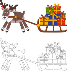 Reindeer and sleigh with gifts, coloring and color image