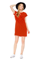 Fashion photo of young magnificent woman wearing fashionable summer clothes