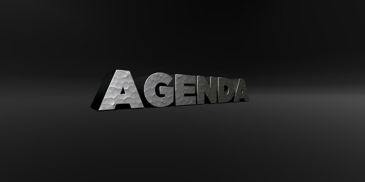 AGENDA - hammered metal finish text on black studio - 3D rendered royalty free stock photo. This image can be used for an online website banner ad or a print postcard.